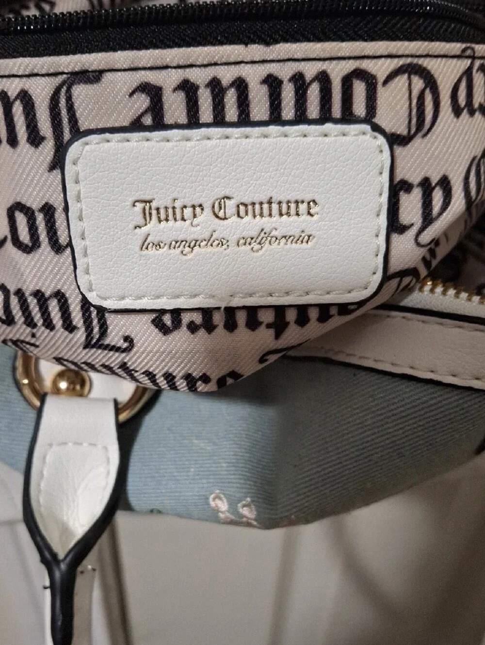 Juicy Couture Light Blue and White Embroidered Dome Satchel